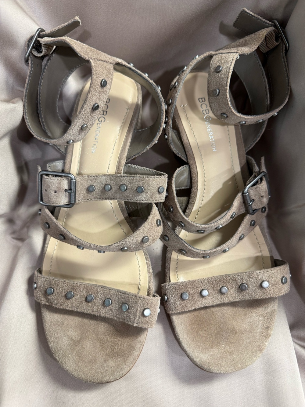 BCBGeneration Taupe Suede Studded Strap Block Heels